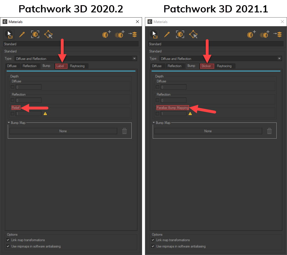 Example of the “Relief” term that becomes “Parallax Bump Mapping” in the Bump tab of the Standard Materials Editor. 